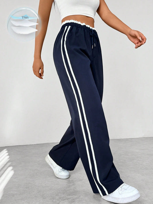 Trendy Wijde Broek Dames met Elastische Tailleband en Dubbele Strepen - Casual Hoge Taille Broek met Wijde Pijp