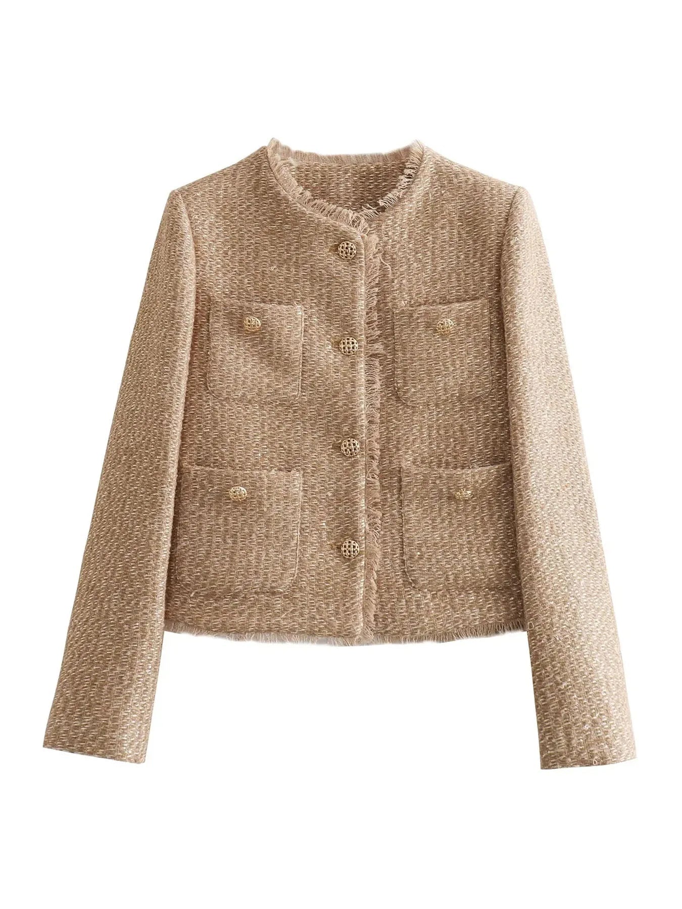 Elara Bouclé Blazer – Luxe Tijdloosheid met Gouden Accenten