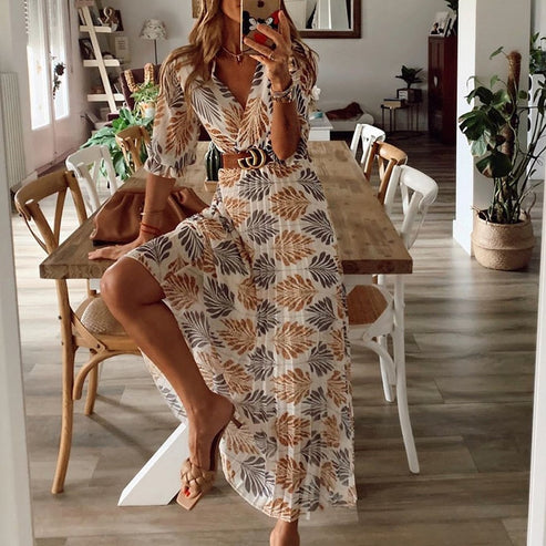 Lunaria – Elegante Maxi Jurk met Bladmotief