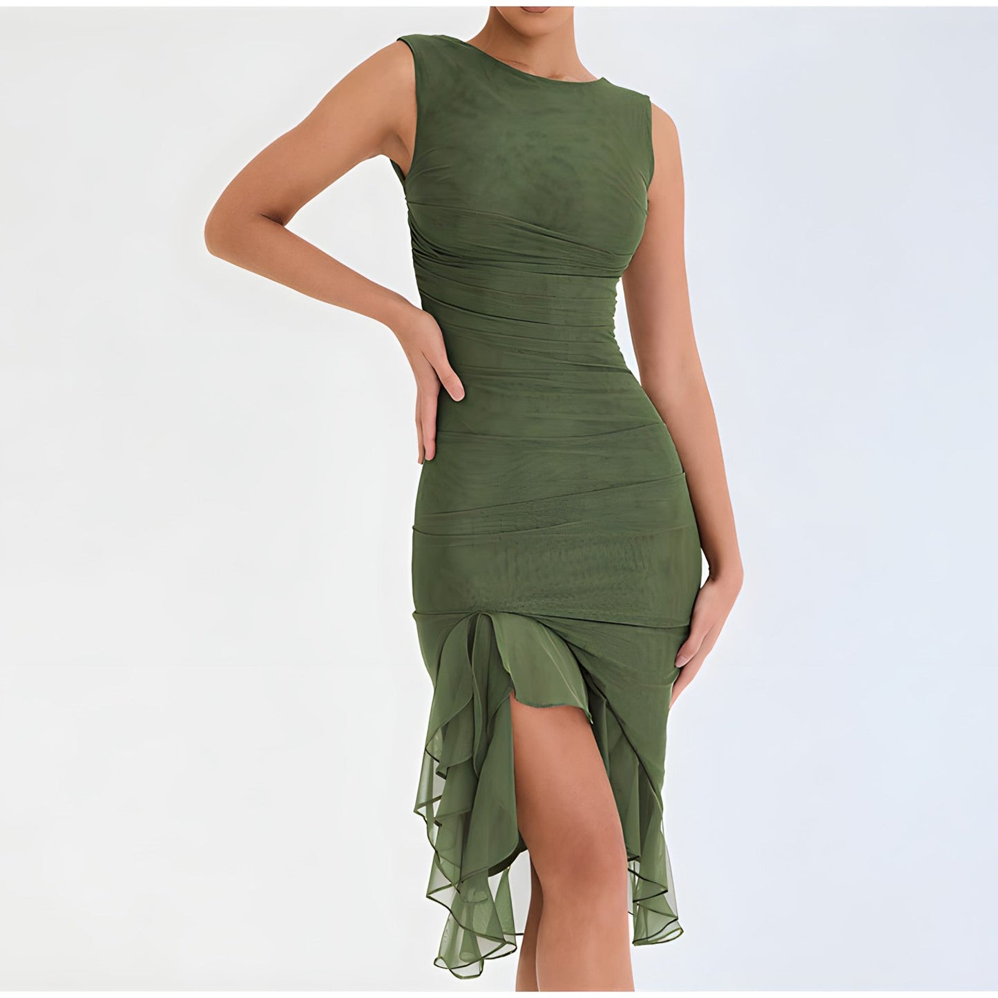 Lunaria – Geplooide Midi-Jurk met Ruches