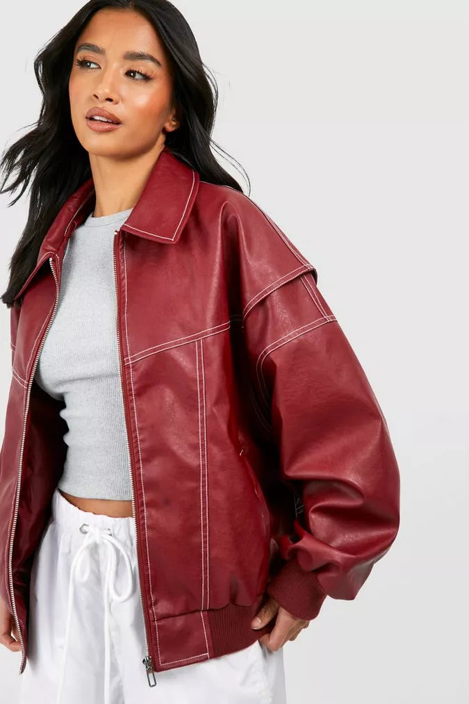 Romy – Oversized Rode Leren Bomber