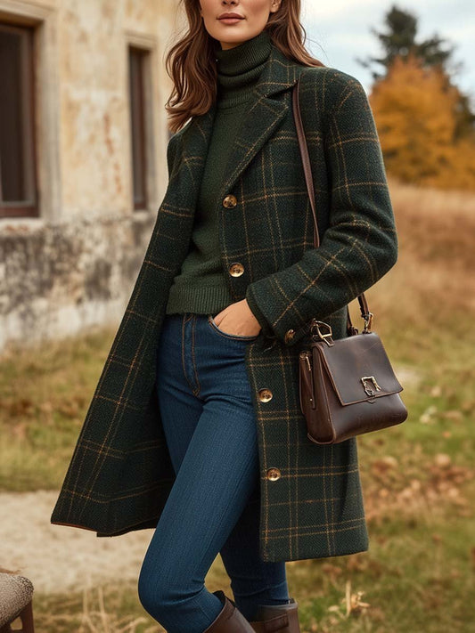 ChateauBrown – Wollen Bruine Damesmantel met Geruite Details