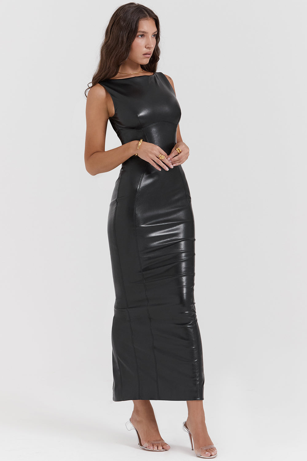 Aurora Noir – Vegan Leren Maxi-Jurk met Luxe Pasvorm