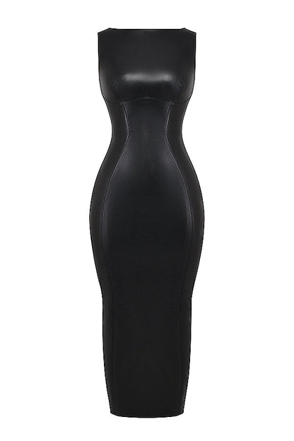 Aurora Noir – Vegan Leren Maxi-Jurk met Luxe Pasvorm